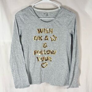 GAP Kids Gray Long Sleeve Tee with Gold Sequin Logo Print — Size XXL (Girls)